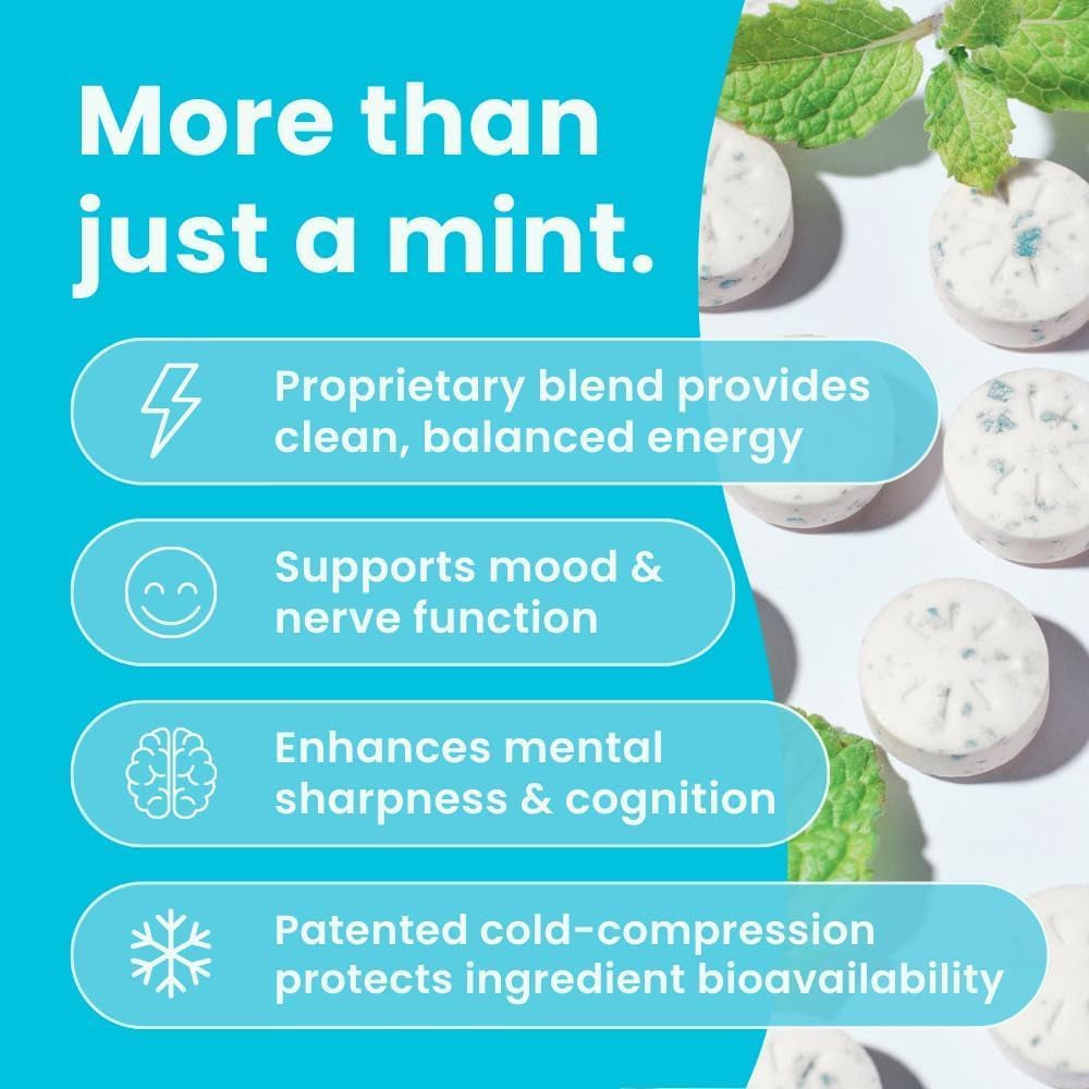 Energy & Focus Mints (Peppermint, 72 Pieces) | 40Mg Natural Caffeine + L-Theanine + Vitamin B12 & B6 | Sugar Free Nootropic Cognitive Brain Performance Supplement