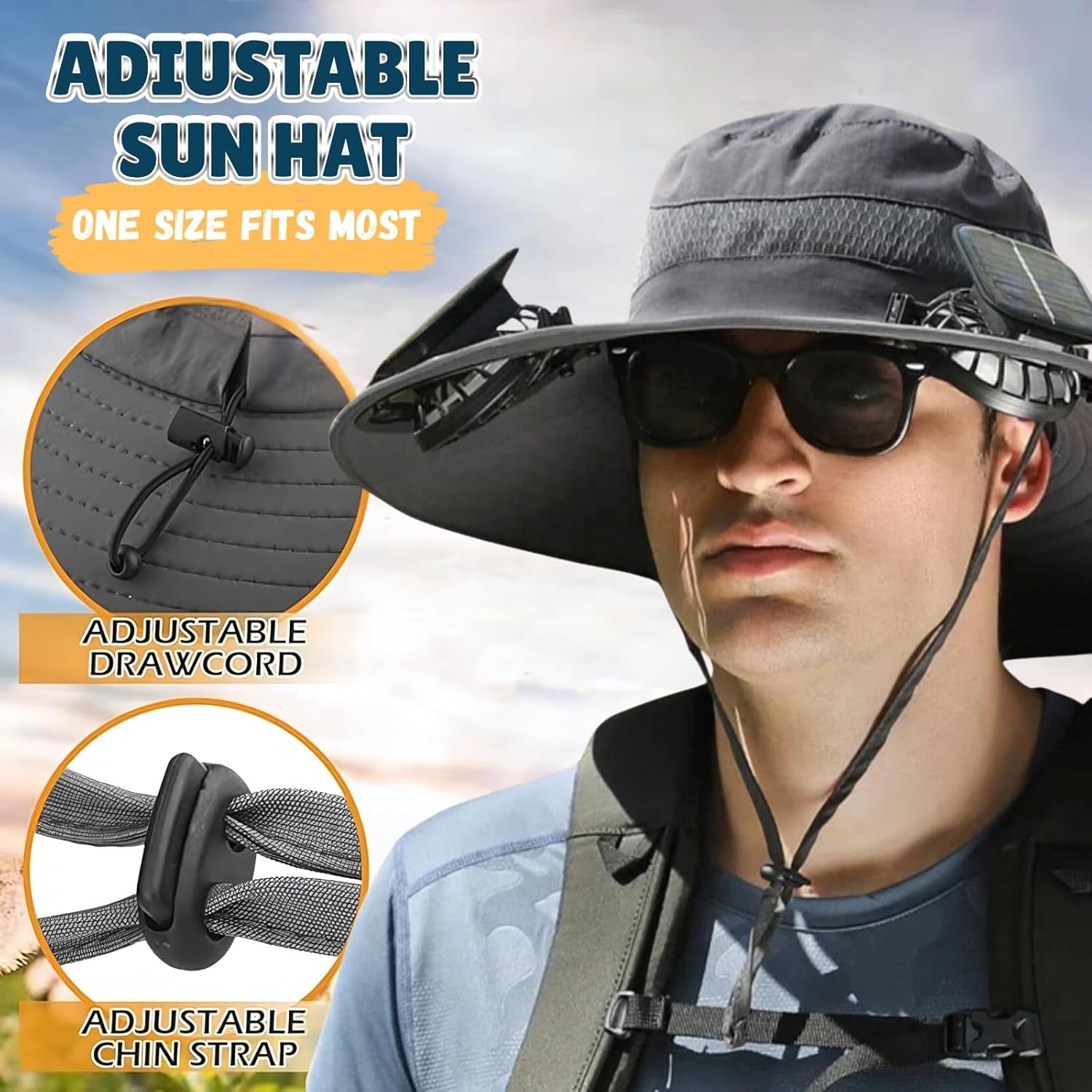 Outdoor Wide Brim Sun Hat with 2 Solar Fan Sun Bucket Hat for Men Women UPF 50+ Bucket Fishing & Beach Hat with Fan Built In