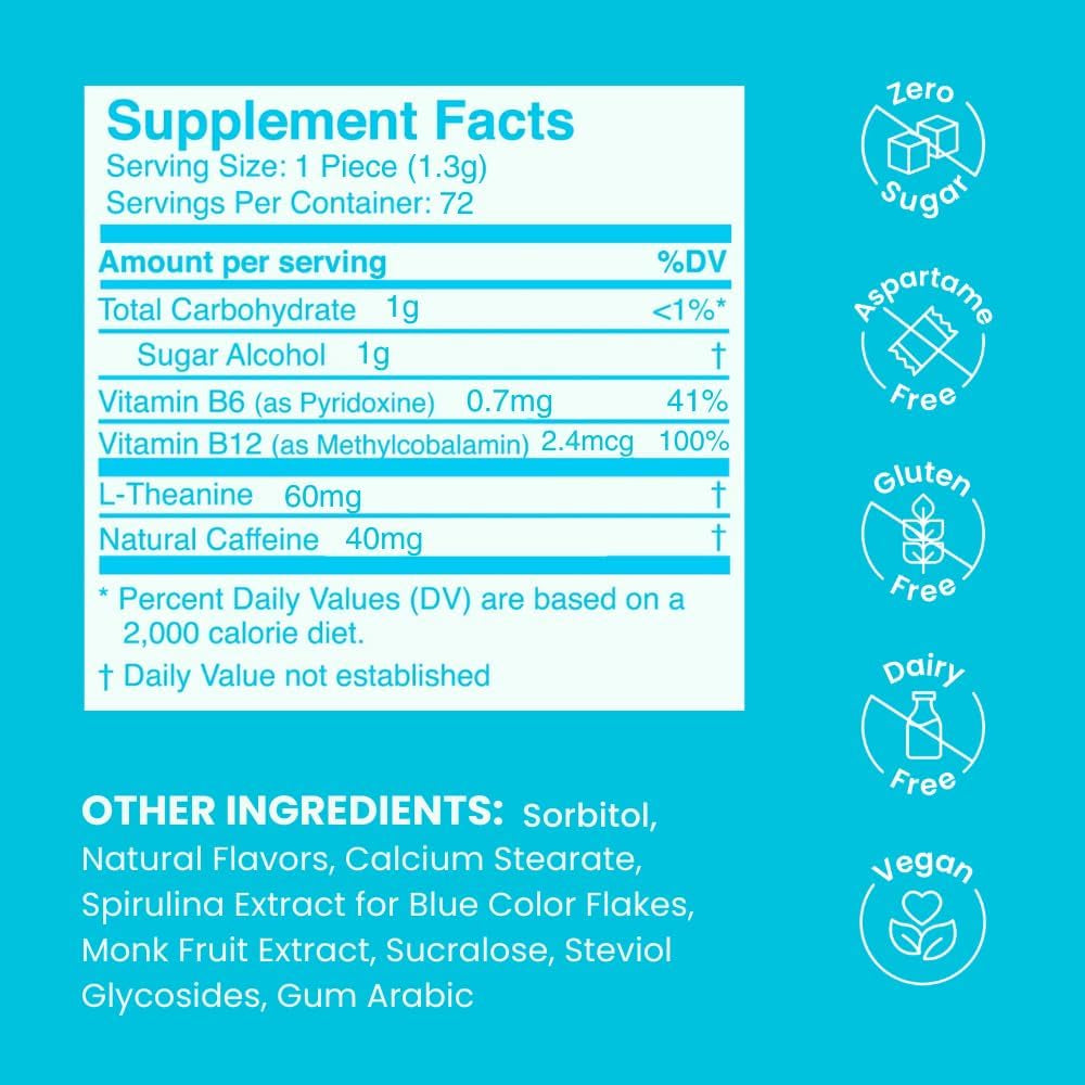 Energy & Focus Mints (Peppermint, 72 Pieces) | 40Mg Natural Caffeine + L-Theanine + Vitamin B12 & B6 | Sugar Free Nootropic Cognitive Brain Performance Supplement
