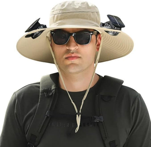 Outdoor Wide Brim Sun Hat with 2 Solar Fan Sun Bucket Hat for Men Women UPF 50+ Bucket Fishing & Beach Hat with Fan Built In